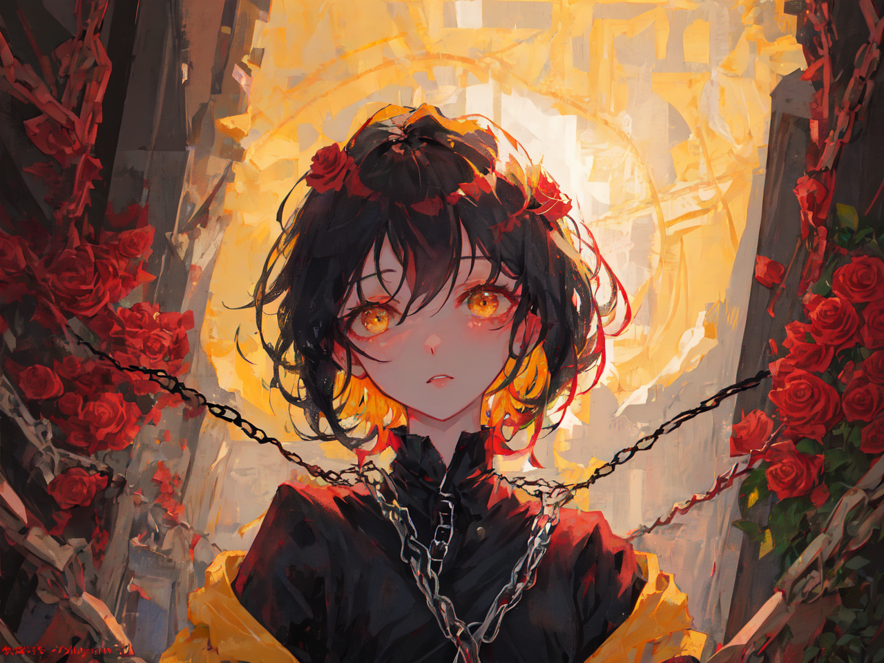masterpiece, best quality, ultra-detailed, illustration, close-up, straight on, 1girl, black hair, yellow eyes, red roses,...